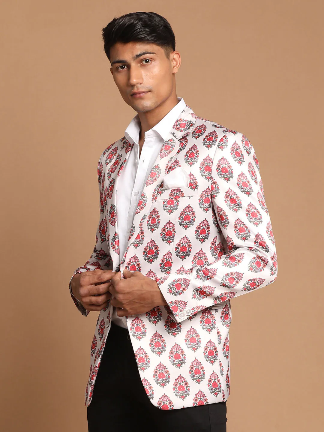 VASTRAMAY Men's Cream Base Multi-Color Printed Blazer