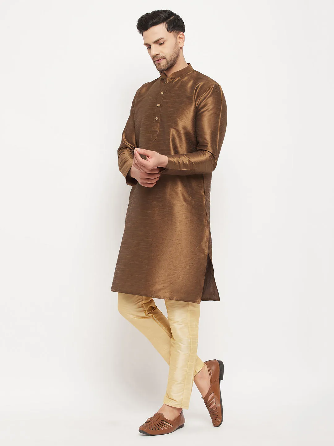 VASTRAMAY Men's Green Silk Blend Kurta