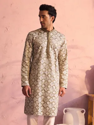 VASTRAMAY Men's Green Silk Embroidered Kurta