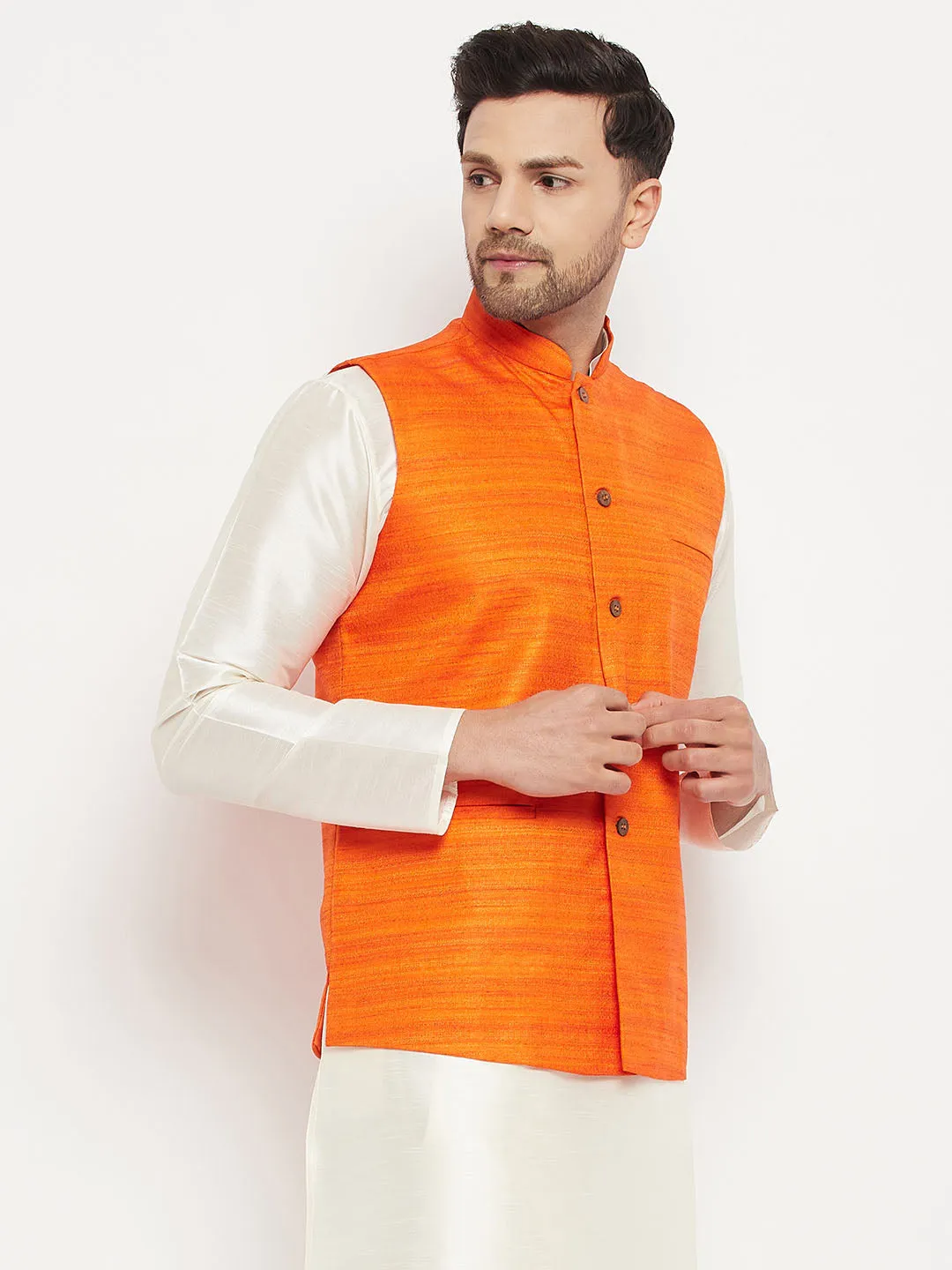 VASTRAMAY Men's Orange Silk Nehru Jacket