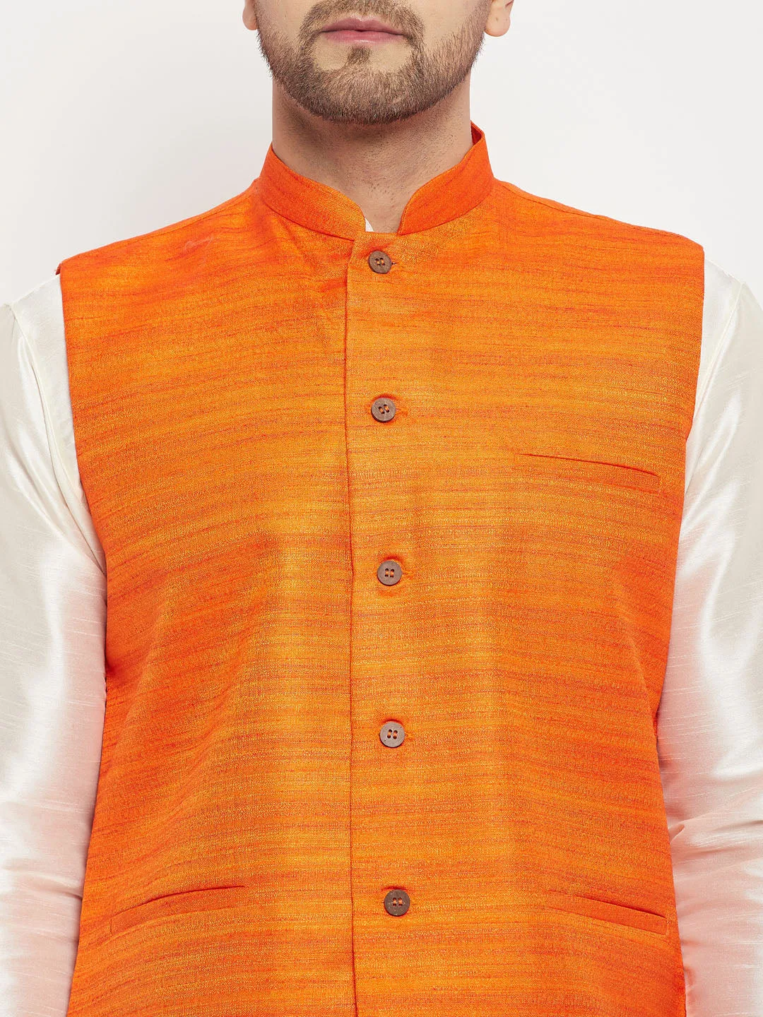 VASTRAMAY Men's Orange Silk Nehru Jacket