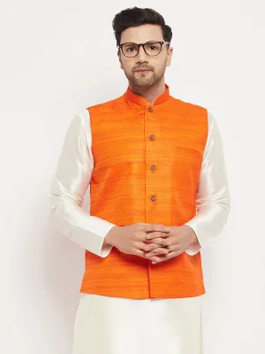 VASTRAMAY Men's Orange Silk Nehru Jacket