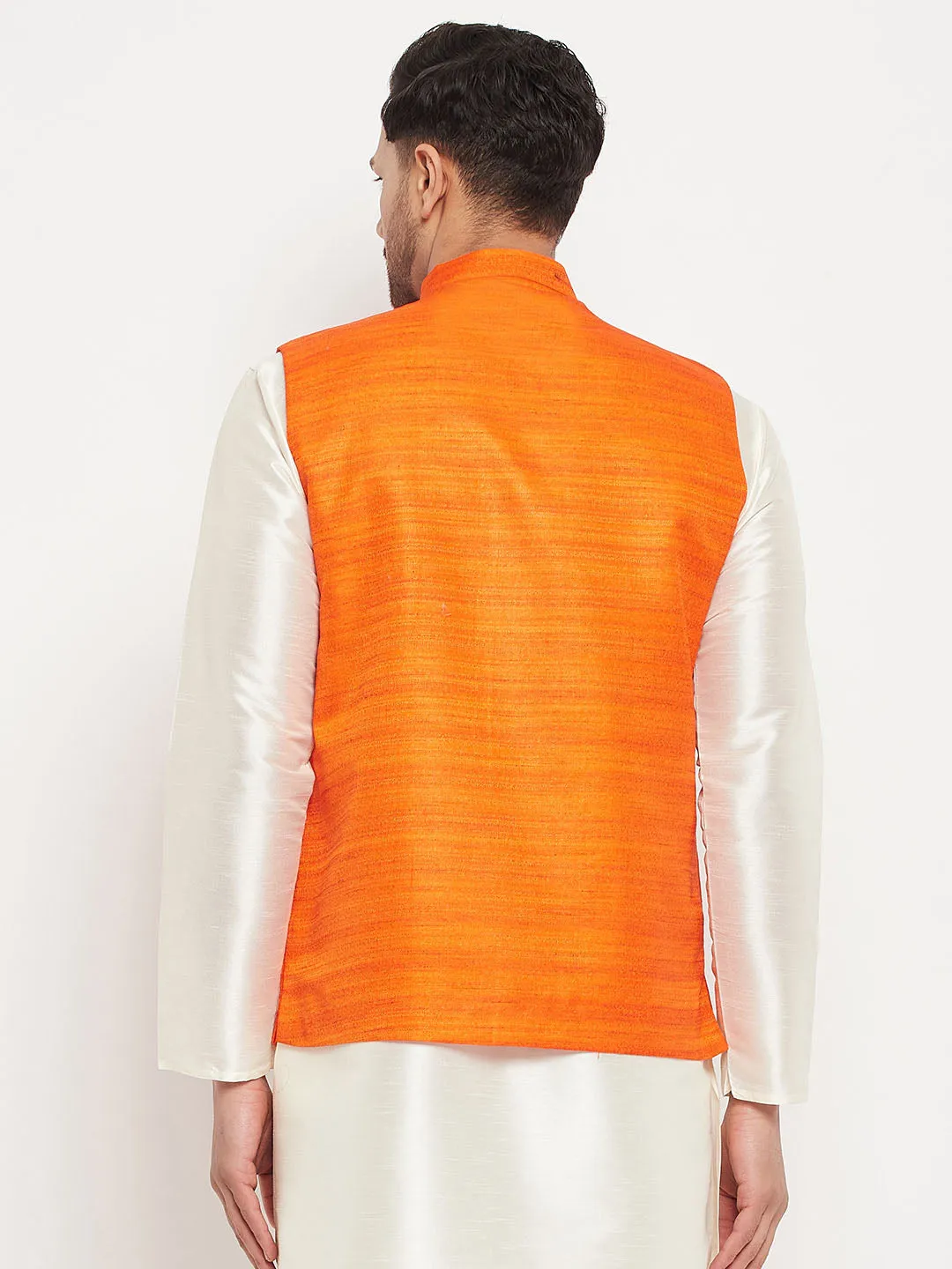 VASTRAMAY Men's Orange Silk Nehru Jacket