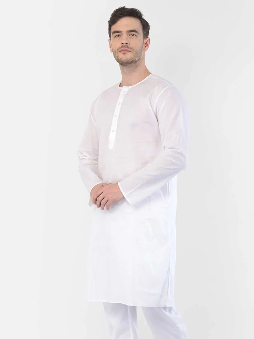 VASTRAMAY Men's White Cotton Addi Kurta