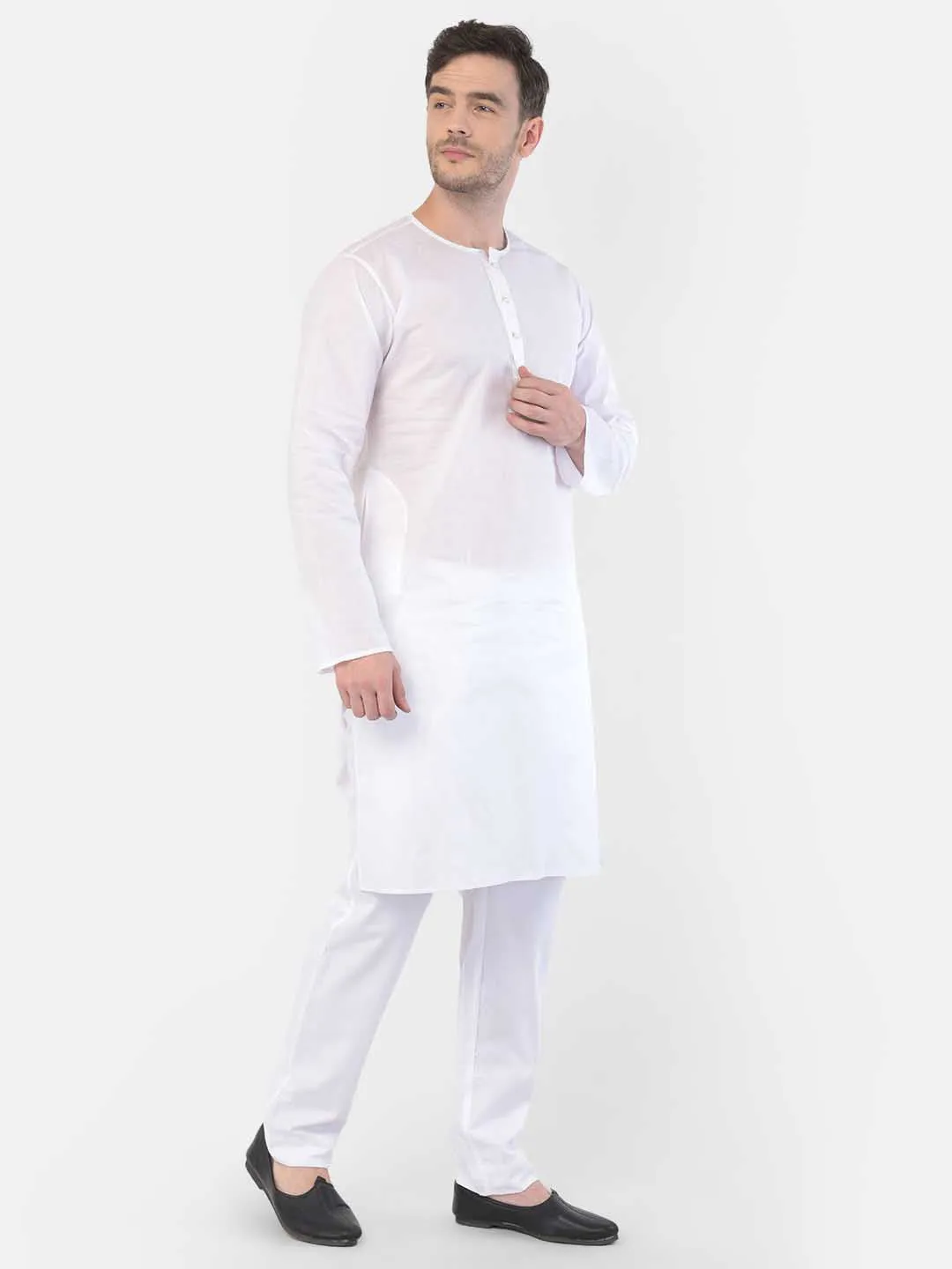 VASTRAMAY Men's White Cotton Addi Kurta