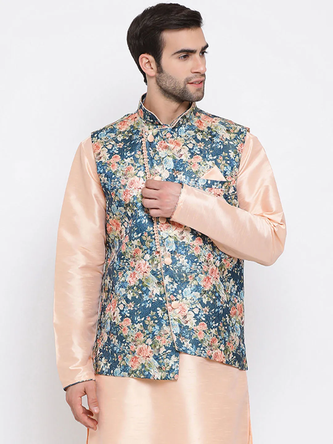 VASTRAMAY Peach & Blue Printed Nehru Jacket