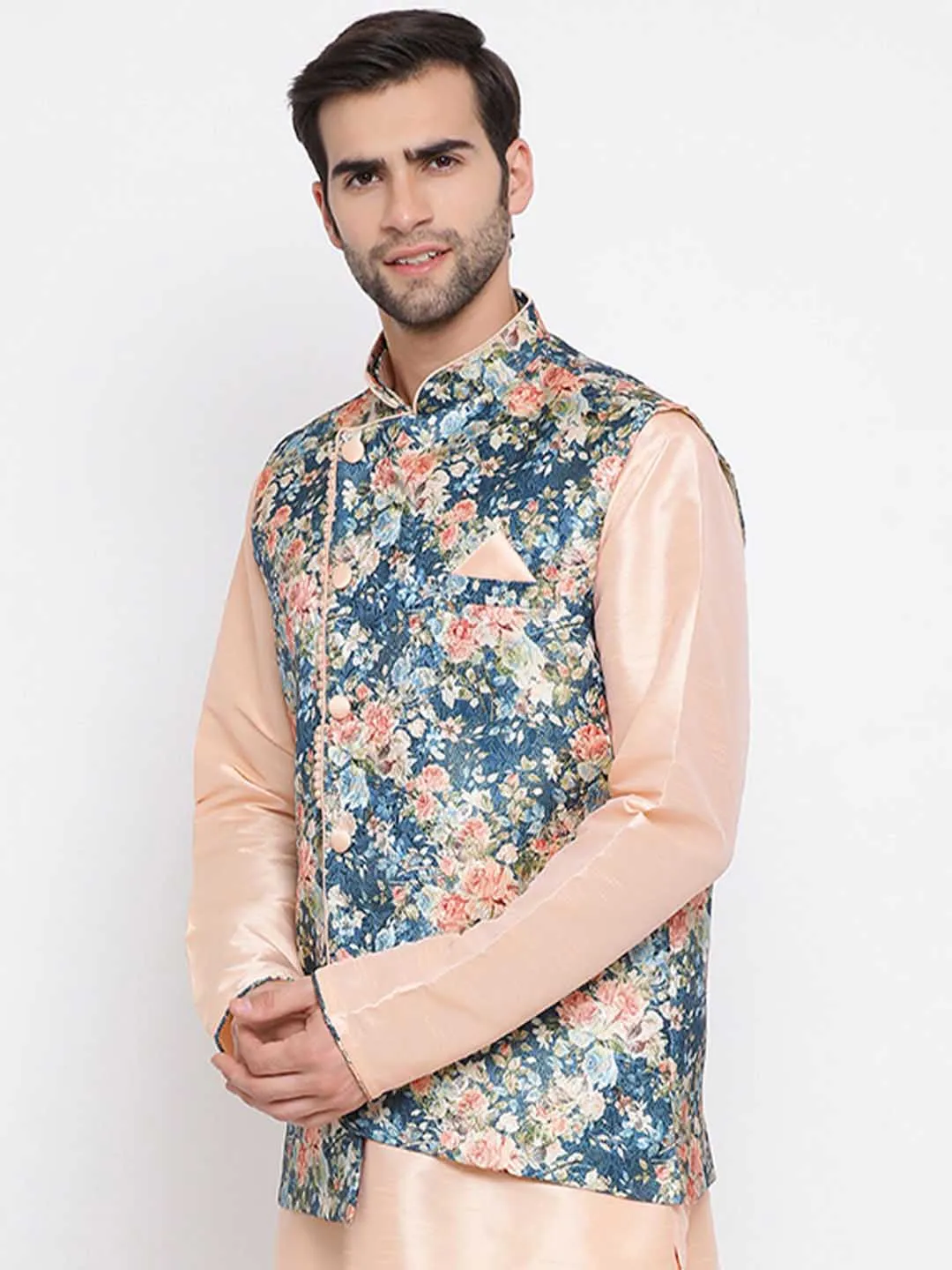 VASTRAMAY Peach & Blue Printed Nehru Jacket