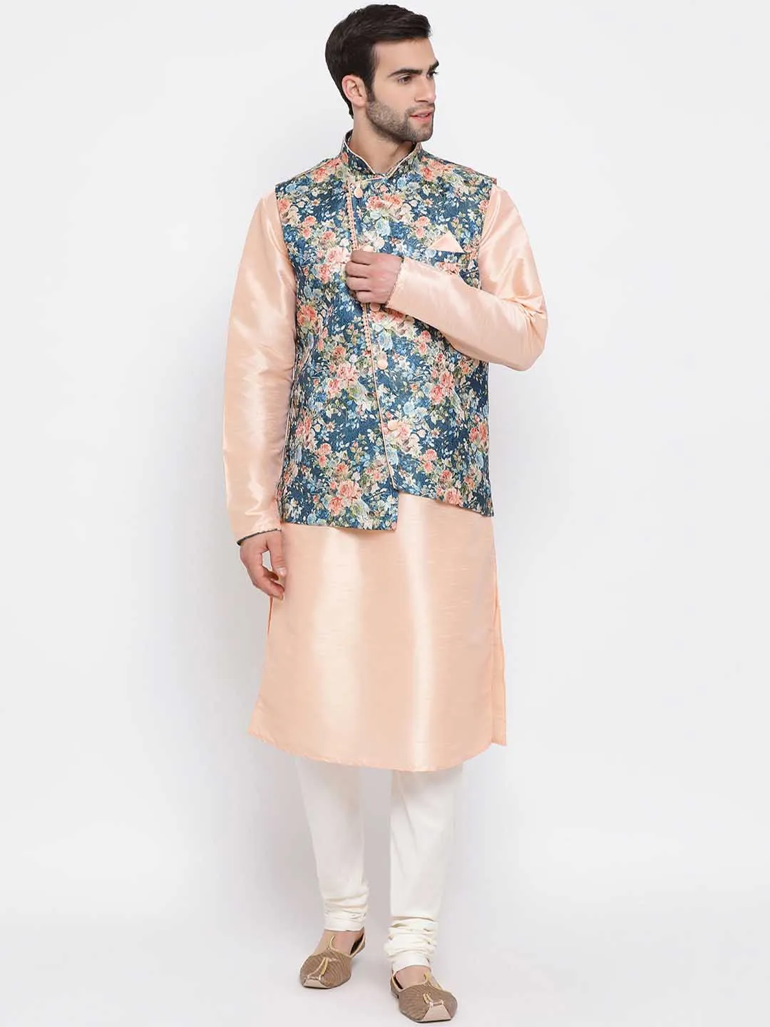 VASTRAMAY Peach & Blue Printed Nehru Jacket