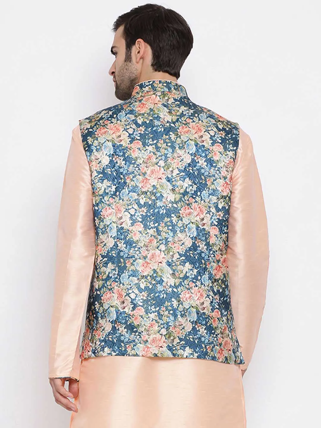 VASTRAMAY Peach & Blue Printed Nehru Jacket