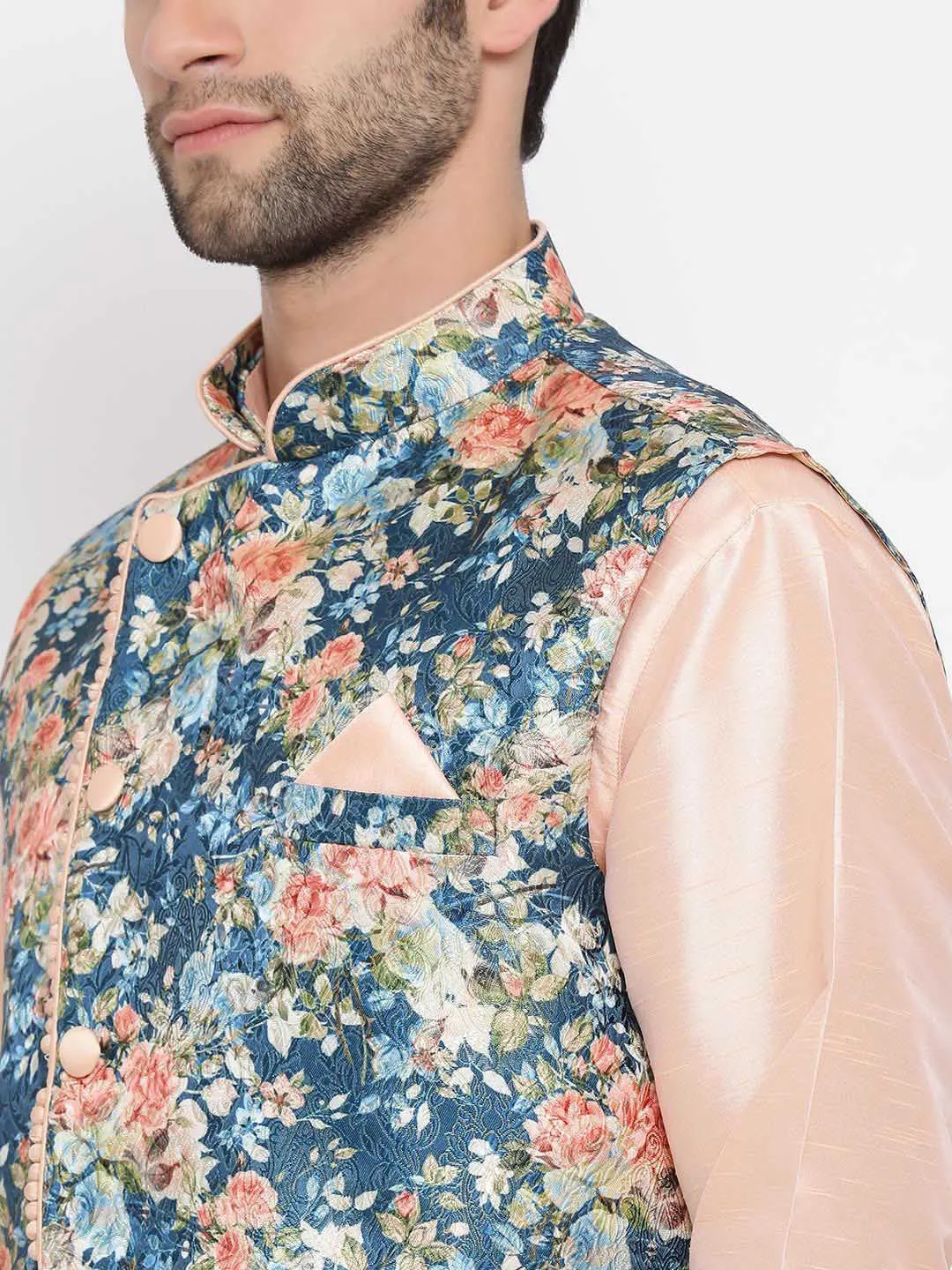 VASTRAMAY Peach & Blue Printed Nehru Jacket
