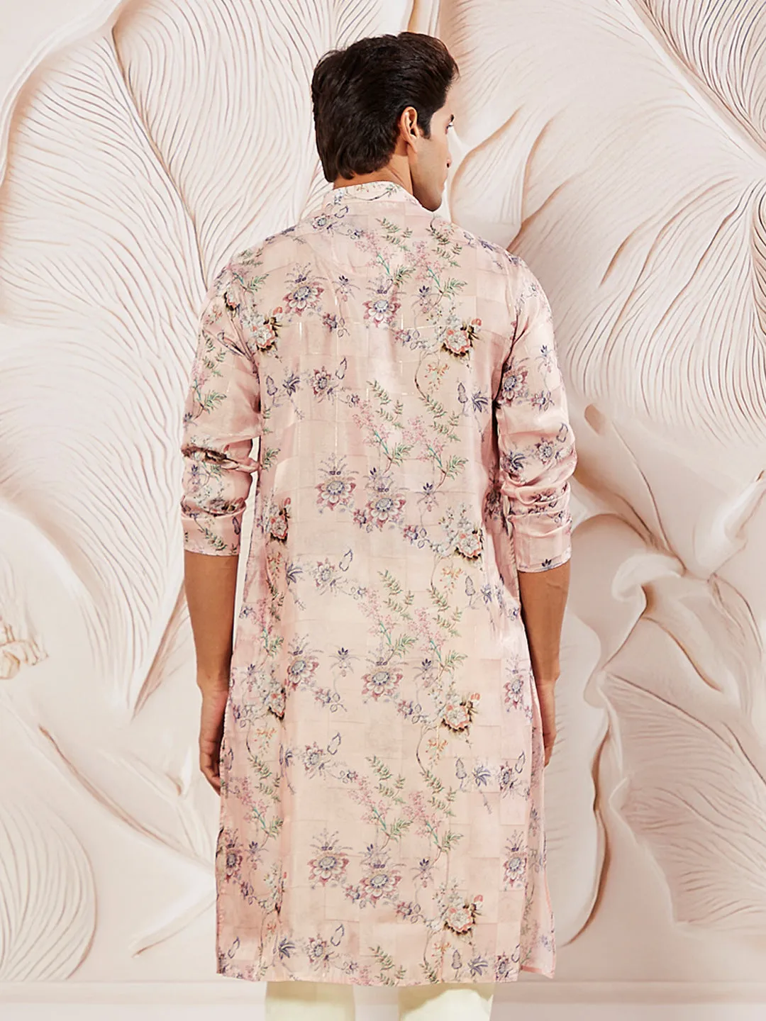 VASTRAMAY Pink Floral Silk Blend Kurta
