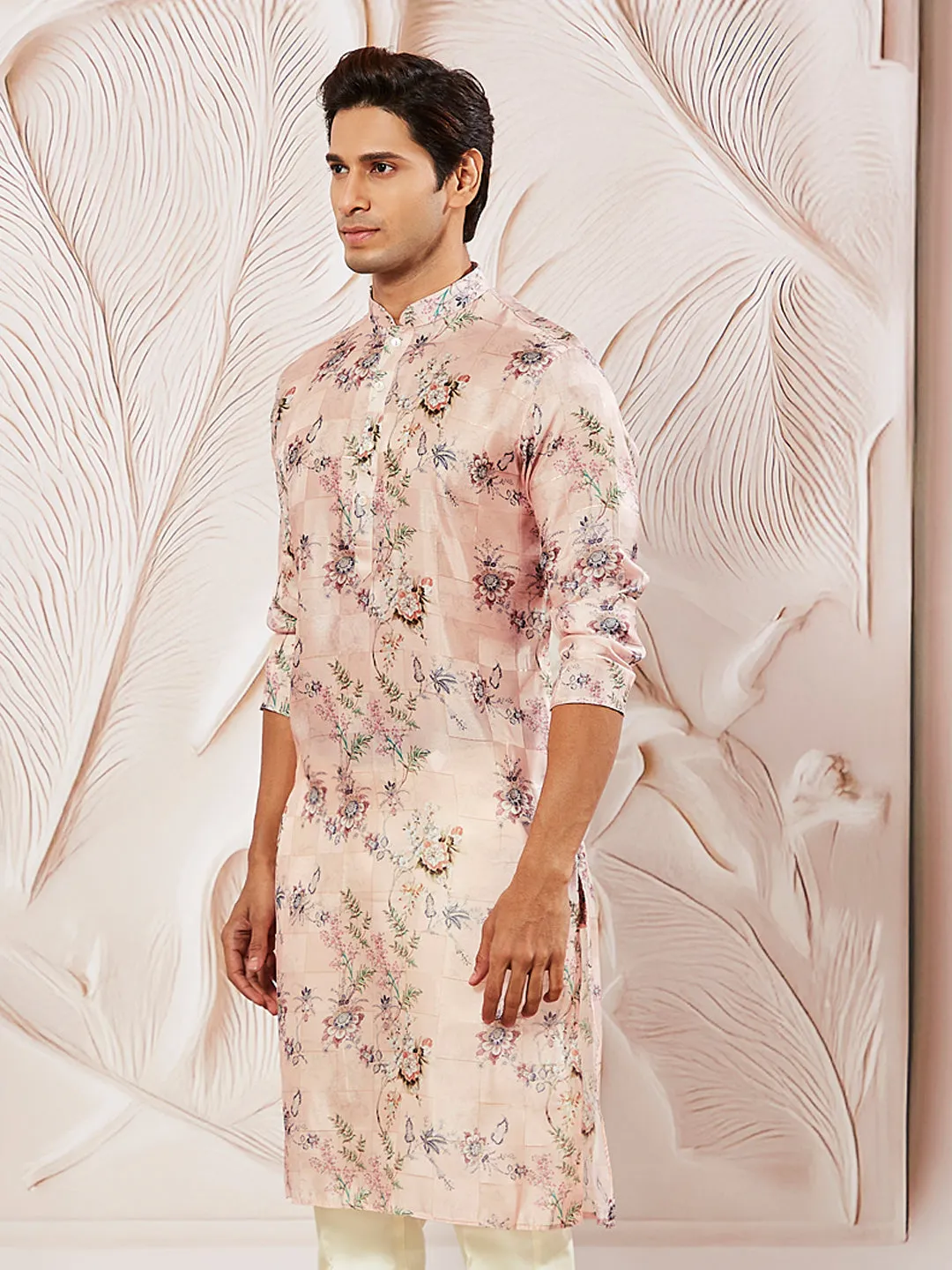 VASTRAMAY Pink Floral Silk Blend Kurta