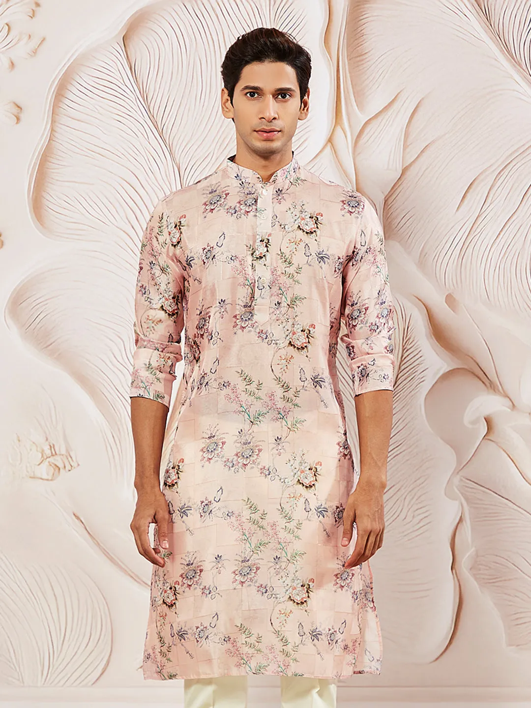 VASTRAMAY Pink Floral Silk Blend Kurta