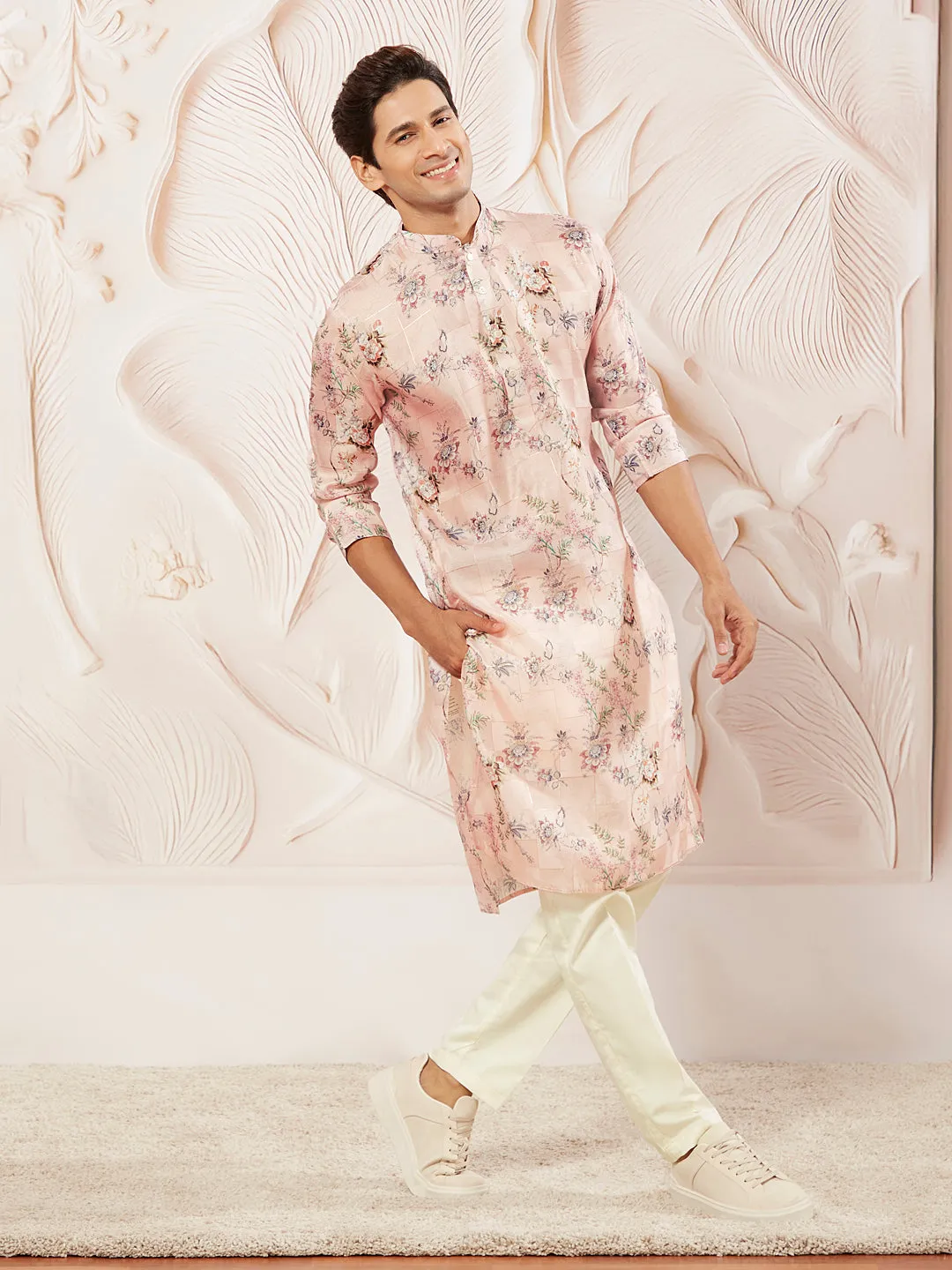 VASTRAMAY Pink Floral Silk Blend Kurta