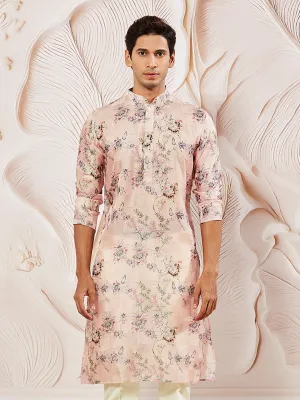 VASTRAMAY Pink Floral Silk Blend Kurta