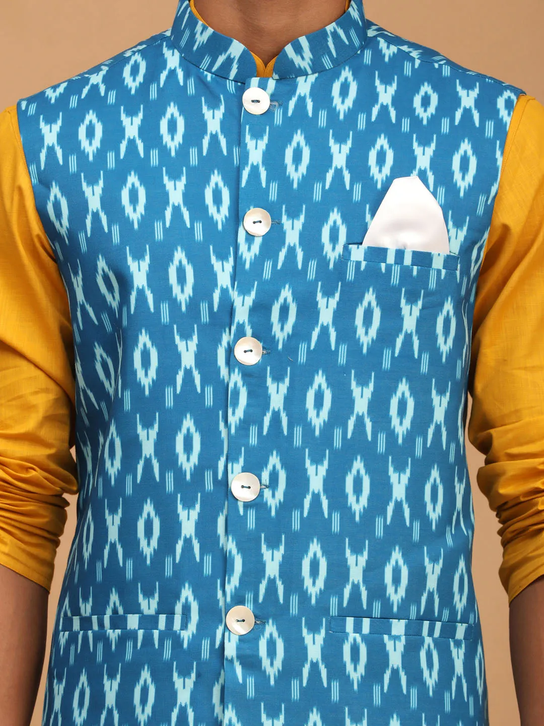 VASTRAMAY Turquoise Ikkat Nehru Jacket Kurta Set