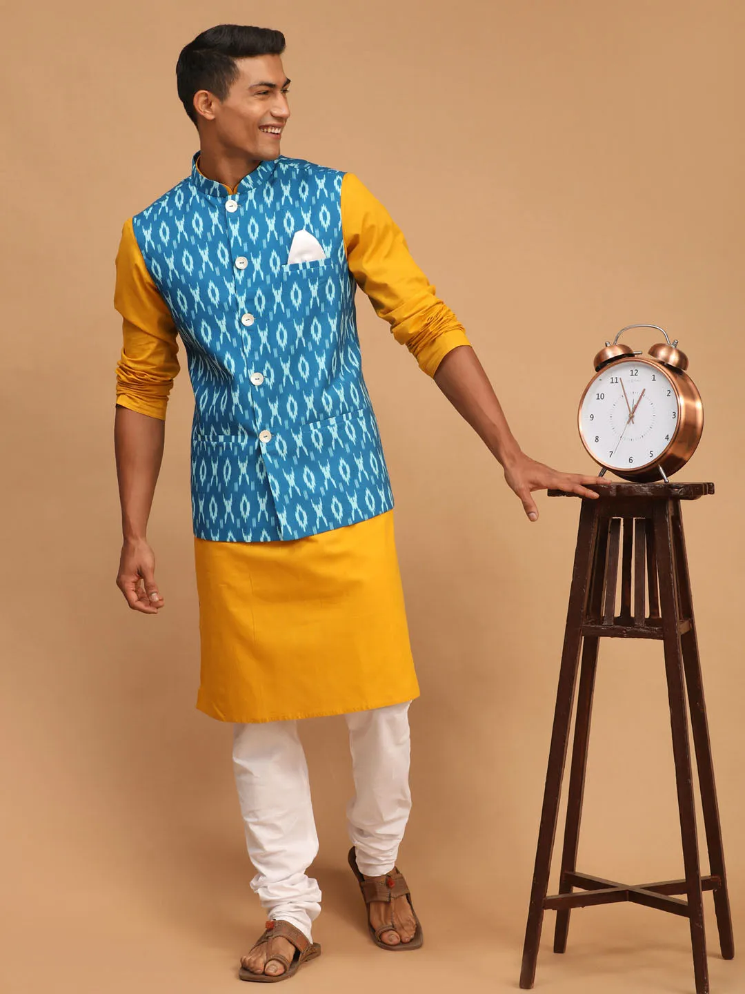 VASTRAMAY Turquoise Ikkat Nehru Jacket Kurta Set