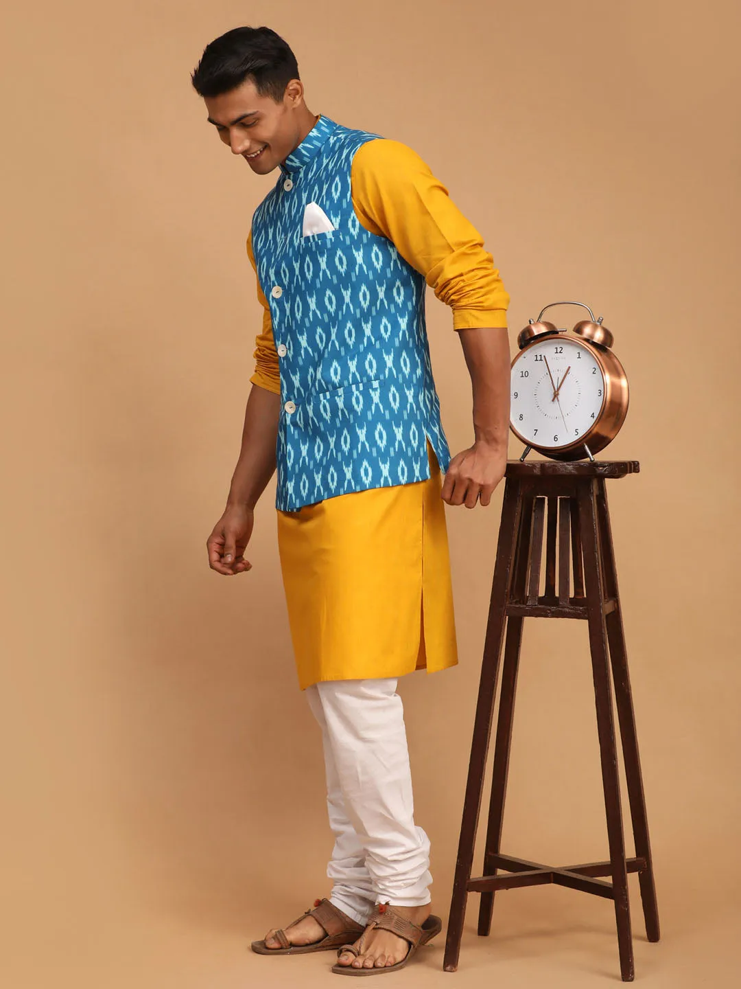 VASTRAMAY Turquoise Ikkat Nehru Jacket Kurta Set