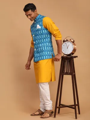 VASTRAMAY Turquoise Ikkat Nehru Jacket Kurta Set
