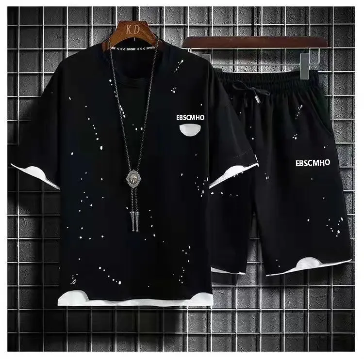 Vibrant Summer Men’s Patchwork Tracksuit – Stylish 2-Piece Set with T-Shirt & Shorts. Perfect for Streetwear, Jogging, and Sports