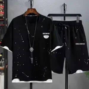Vibrant Summer Men’s Patchwork Tracksuit – Stylish 2-Piece Set with T-Shirt & Shorts. Perfect for Streetwear, Jogging, and Sports