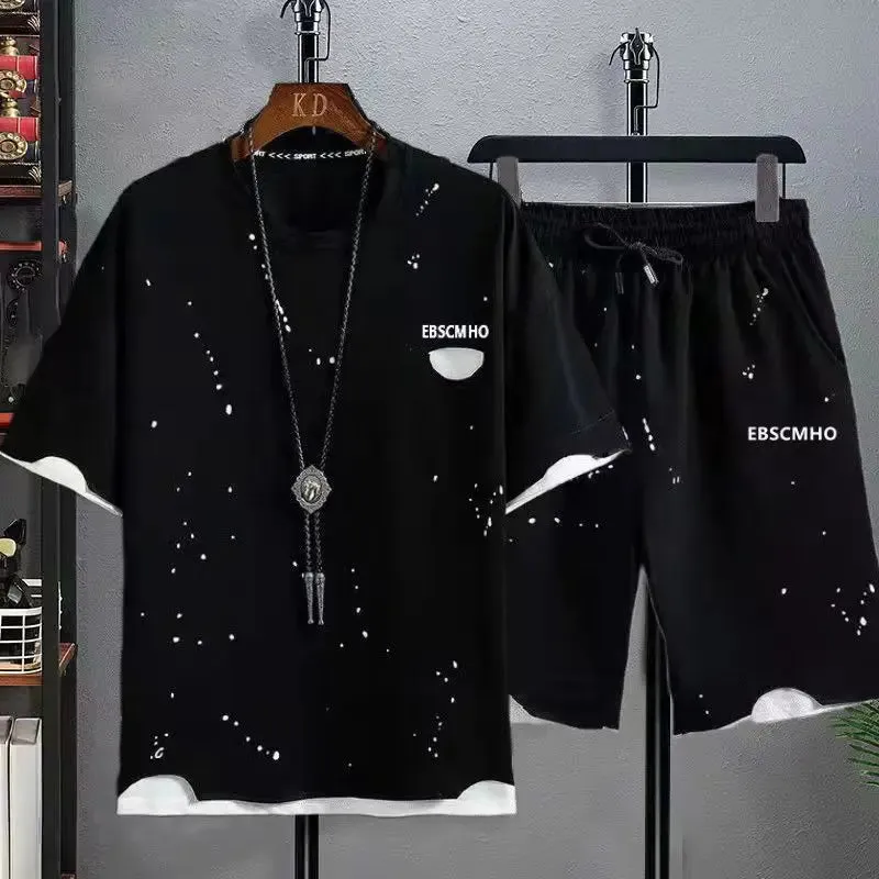 Vibrant Summer Men’s Patchwork Tracksuit – Stylish 2-Piece Set with T-Shirt & Shorts. Perfect for Streetwear, Jogging, and Sports