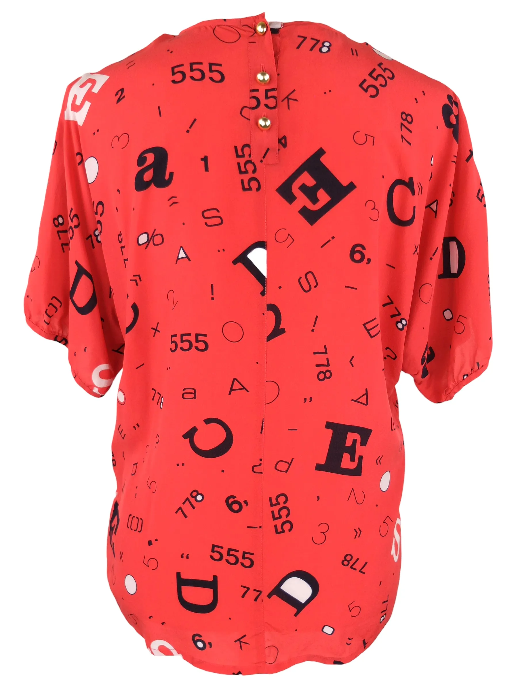 Vintage 80s Escada Designer Silk Bright Red Letters & Numbers Abstract Patterned Half Sleeve Blouse | Size L