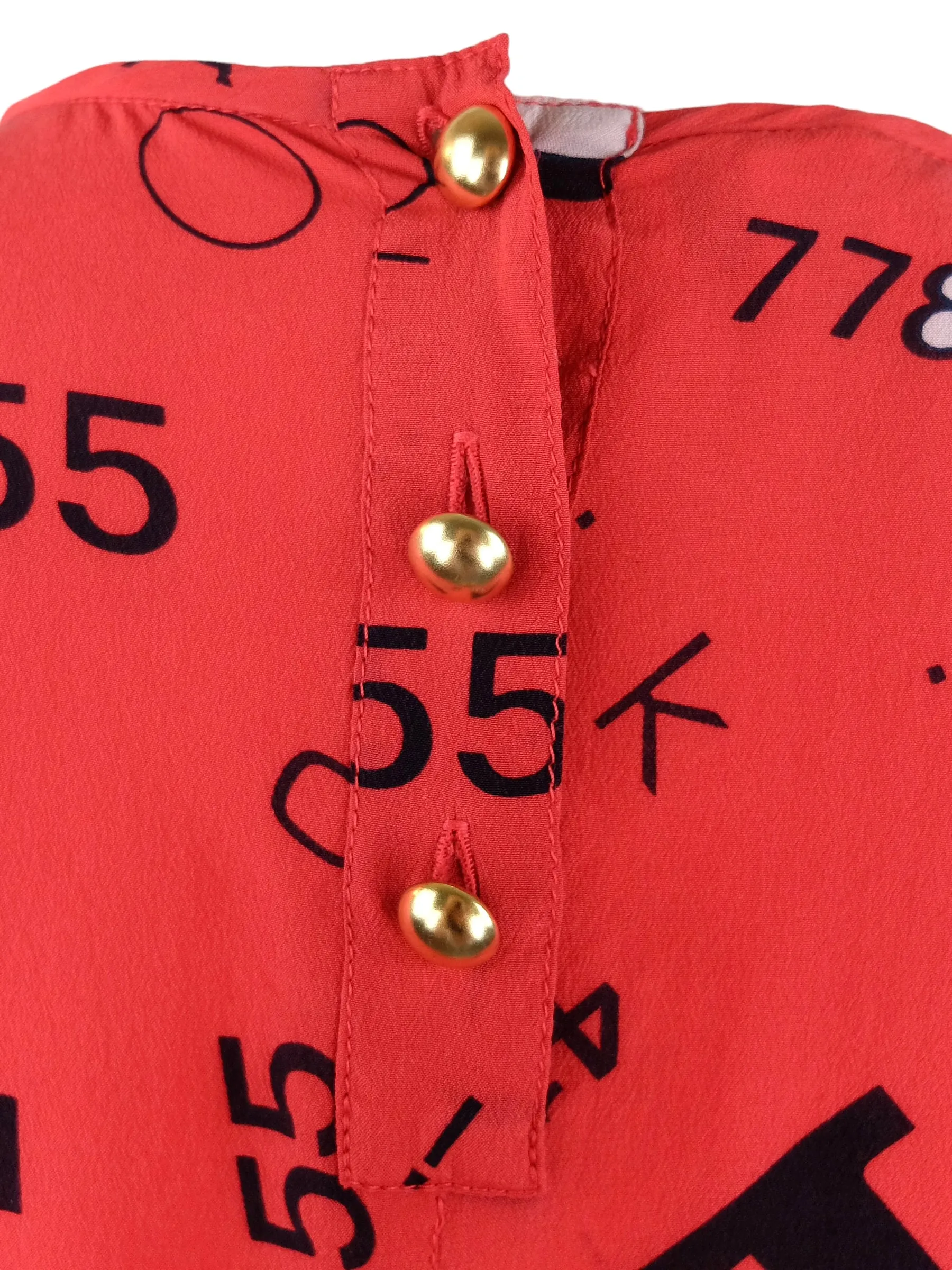 Vintage 80s Escada Designer Silk Bright Red Letters & Numbers Abstract Patterned Half Sleeve Blouse | Size L