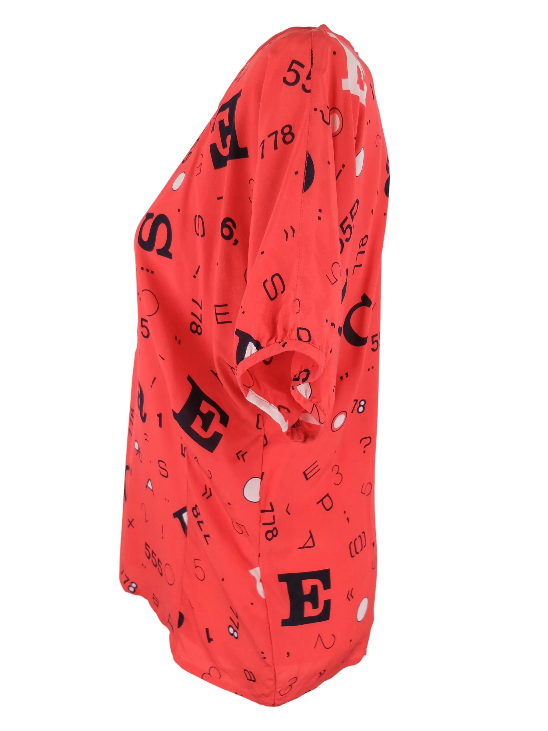 Vintage 80s Escada Designer Silk Bright Red Letters & Numbers Abstract Patterned Half Sleeve Blouse | Size L