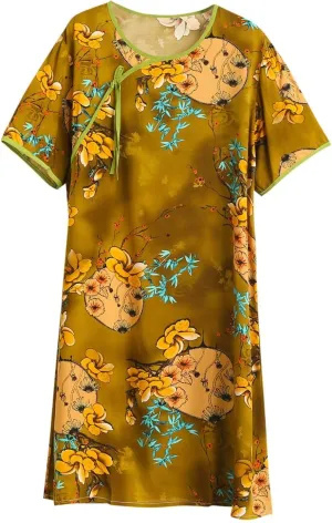 Vintage Frog Button Nightgown for Women Floral Print Loose Sleepwear Short Sleeve Summer Comfy Sleepshirt Nightdress