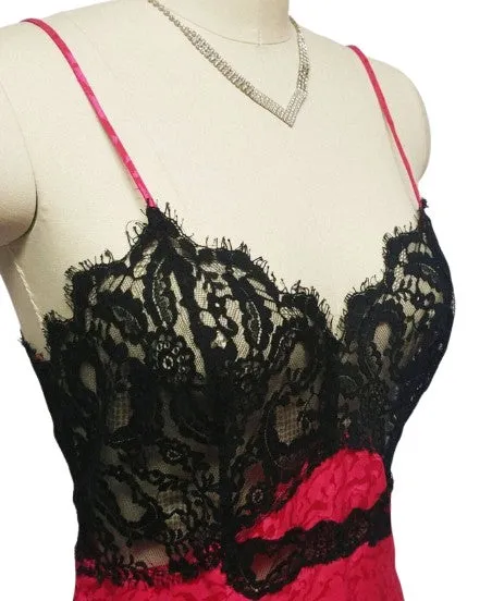 VINTAGE GLAMOUR BLACK EYELASH LACE FISHTAIL JACQUARD NIGHTGOWN IN RASPBERRY