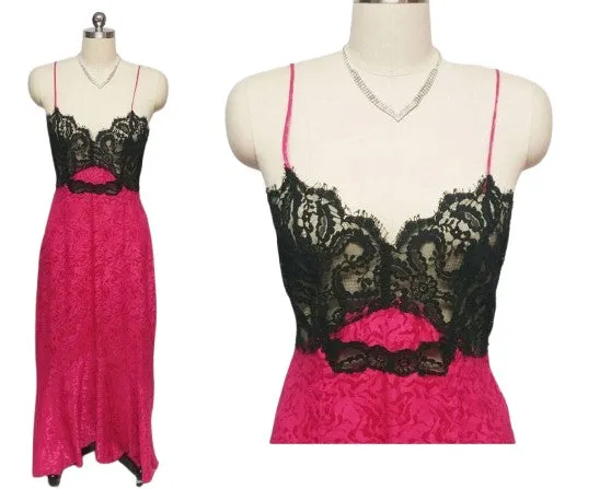 VINTAGE GLAMOUR BLACK EYELASH LACE FISHTAIL JACQUARD NIGHTGOWN IN RASPBERRY