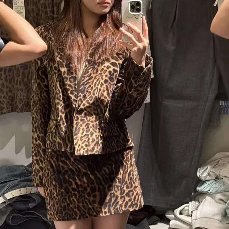 Vintage  Leopard Print Jacket And Skirt Outfit