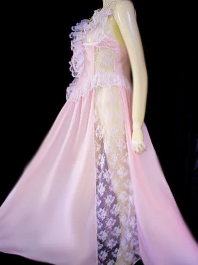*VINTAGE ROMANTIC FAIRYTALE “TREASURE” BY FARIS LACE RUFFLE GRAND SWEEP BUSTIER-LOOK NIGHTGOWN IN BREATHTAKING PINK