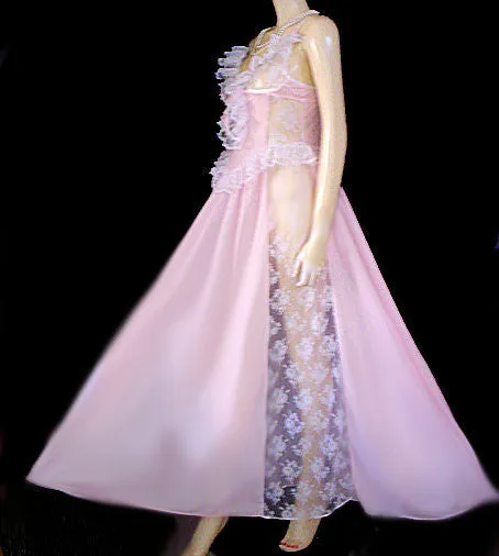 *VINTAGE ROMANTIC FAIRYTALE “TREASURE” BY FARIS LACE RUFFLE GRAND SWEEP BUSTIER-LOOK NIGHTGOWN IN BREATHTAKING PINK