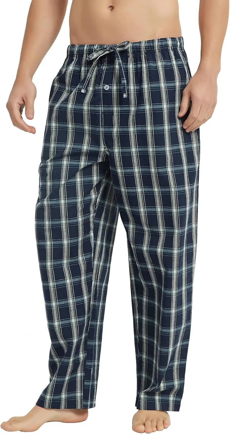 Vulcanodon Men's Cotton Woven Pajama Pants, Soft Lounge Pajama Pants with big pockets for Men Plaid Pj Bottoms
