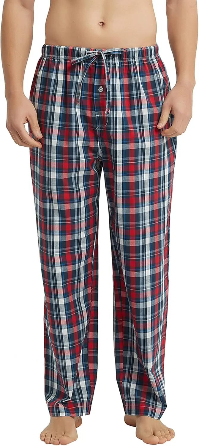 Vulcanodon Men's Cotton Woven Pajama Pants, Soft Lounge Pajama Pants with big pockets for Men Plaid Pj Bottoms