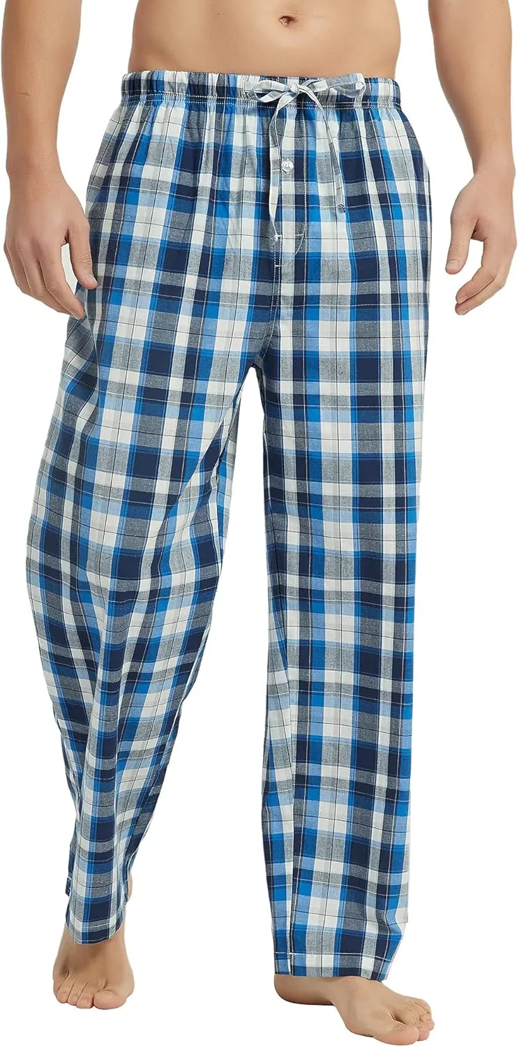 Vulcanodon Men's Cotton Woven Pajama Pants, Soft Lounge Pajama Pants with big pockets for Men Plaid Pj Bottoms