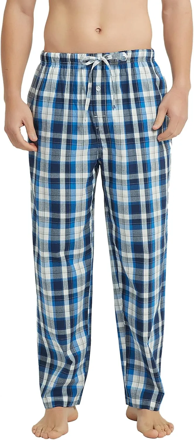 Vulcanodon Men's Cotton Woven Pajama Pants, Soft Lounge Pajama Pants with big pockets for Men Plaid Pj Bottoms