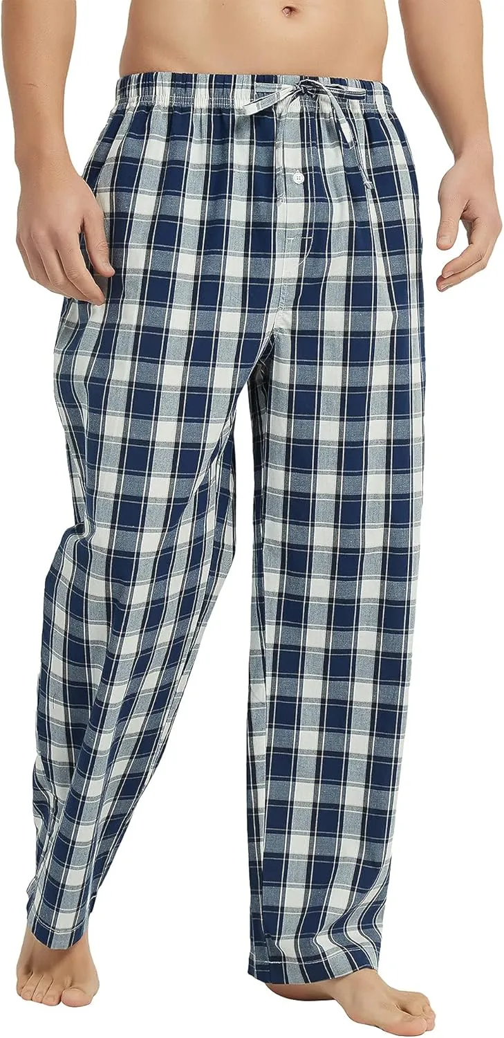 Vulcanodon Men's Cotton Woven Pajama Pants, Soft Lounge Pajama Pants with big pockets for Men Plaid Pj Bottoms