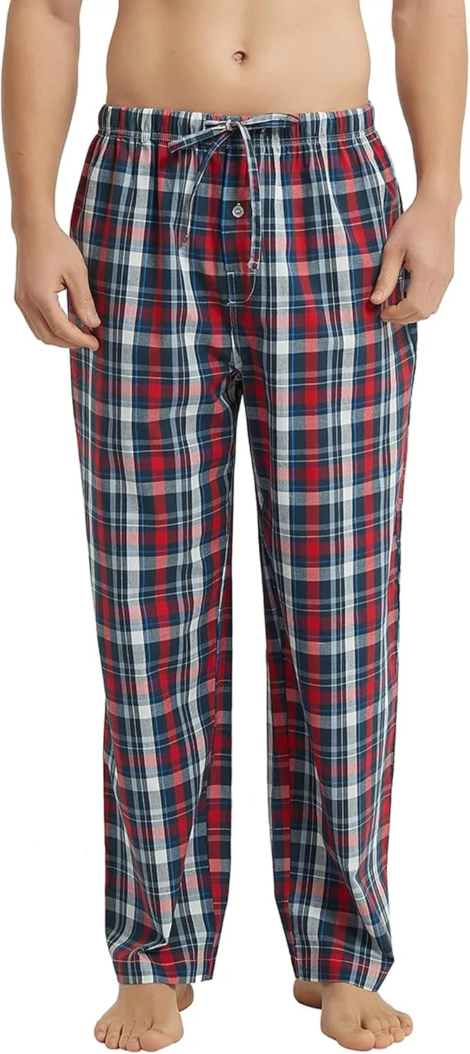 Vulcanodon Men's Cotton Woven Pajama Pants, Soft Lounge Pajama Pants with big pockets for Men Plaid Pj Bottoms