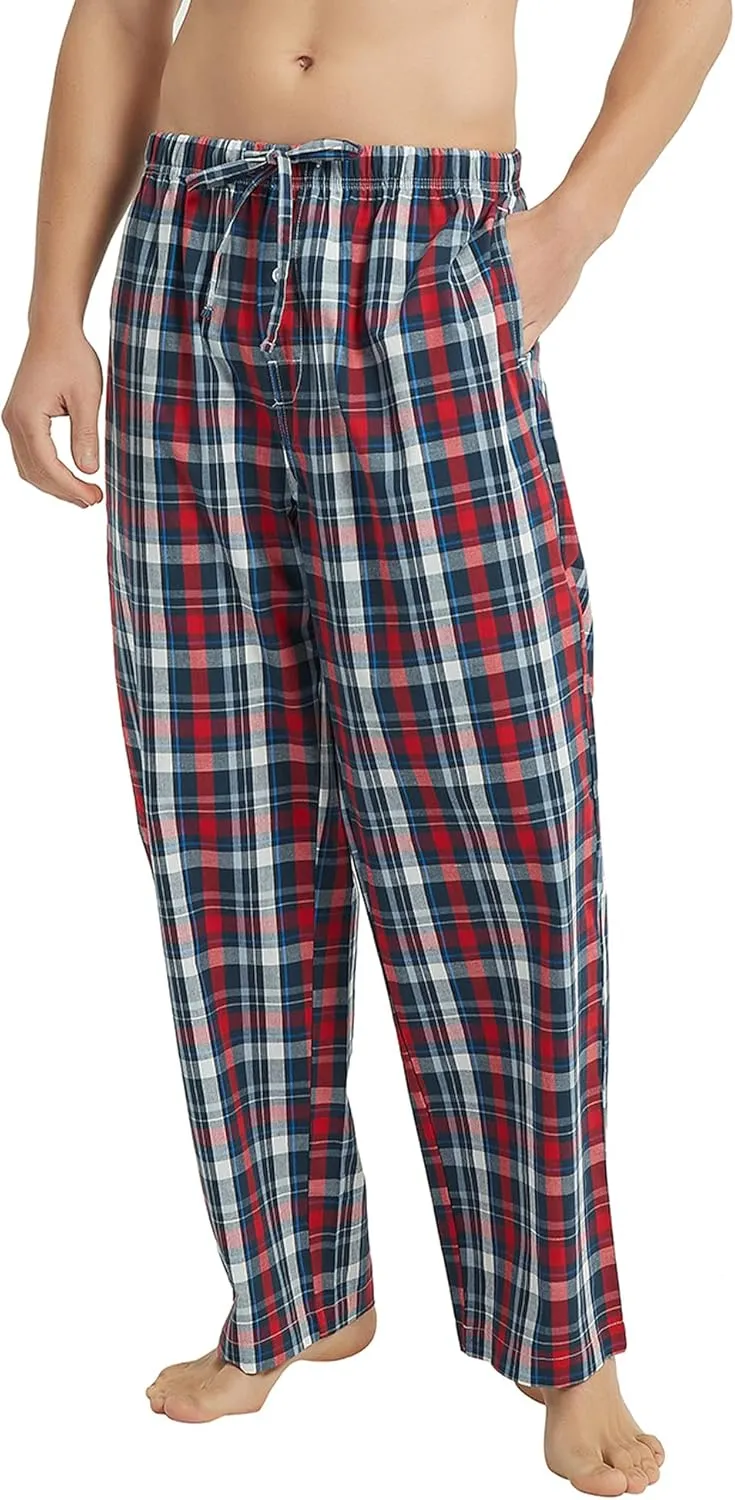 Vulcanodon Men's Cotton Woven Pajama Pants, Soft Lounge Pajama Pants with big pockets for Men Plaid Pj Bottoms