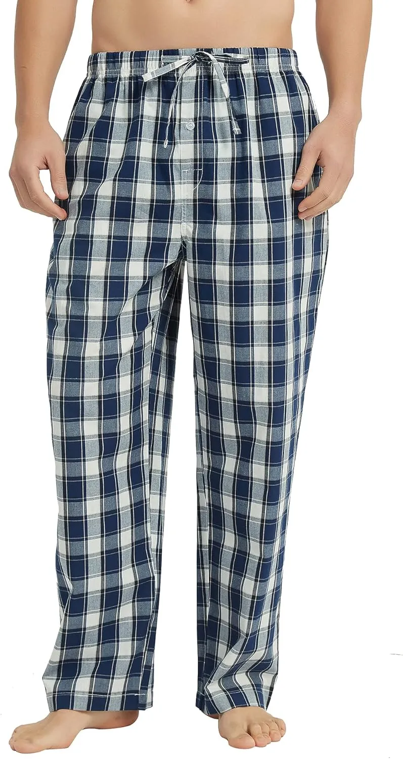 Vulcanodon Men's Cotton Woven Pajama Pants, Soft Lounge Pajama Pants with big pockets for Men Plaid Pj Bottoms