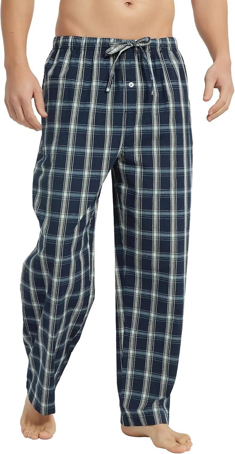 Vulcanodon Men's Cotton Woven Pajama Pants, Soft Lounge Pajama Pants with big pockets for Men Plaid Pj Bottoms