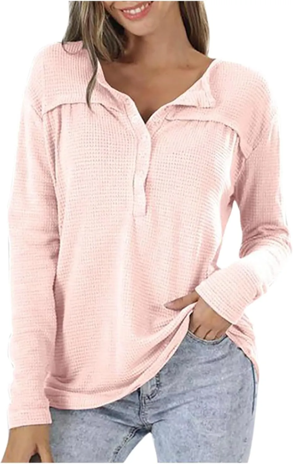 Waffle Knit Half Button Diwn Shirts Women Tunic Blouses Pullover Solid Sweaters Casual Long Sleeve Tees Dressy