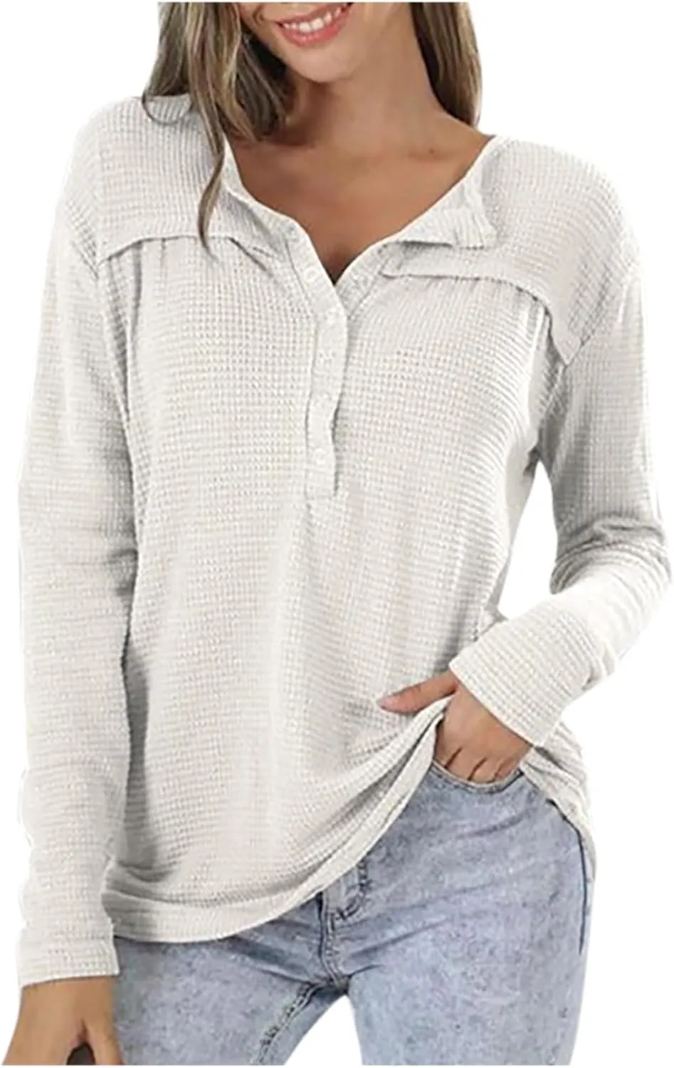 Waffle Knit Half Button Diwn Shirts Women Tunic Blouses Pullover Solid Sweaters Casual Long Sleeve Tees Dressy