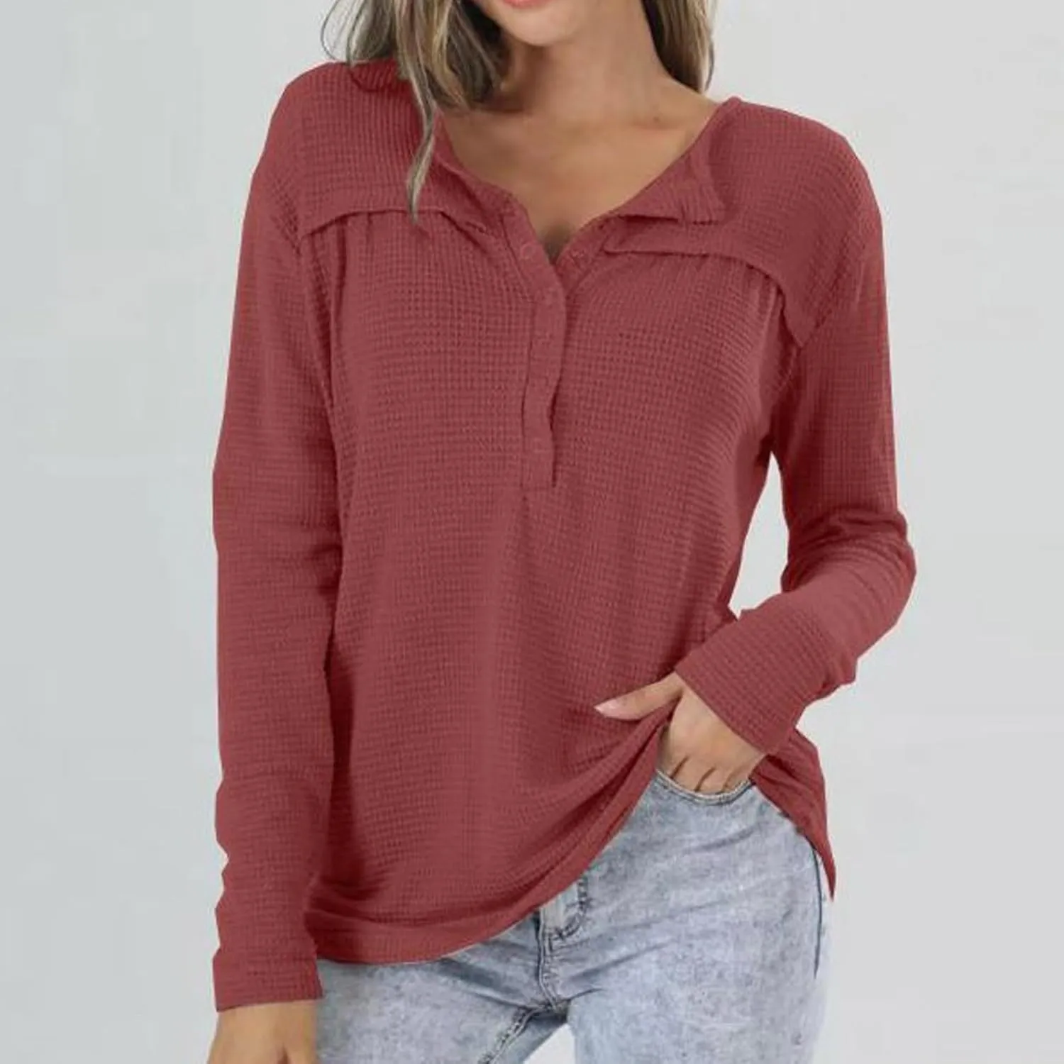 Waffle Knit Half Button Diwn Shirts Women Tunic Blouses Pullover Solid Sweaters Casual Long Sleeve Tees Dressy