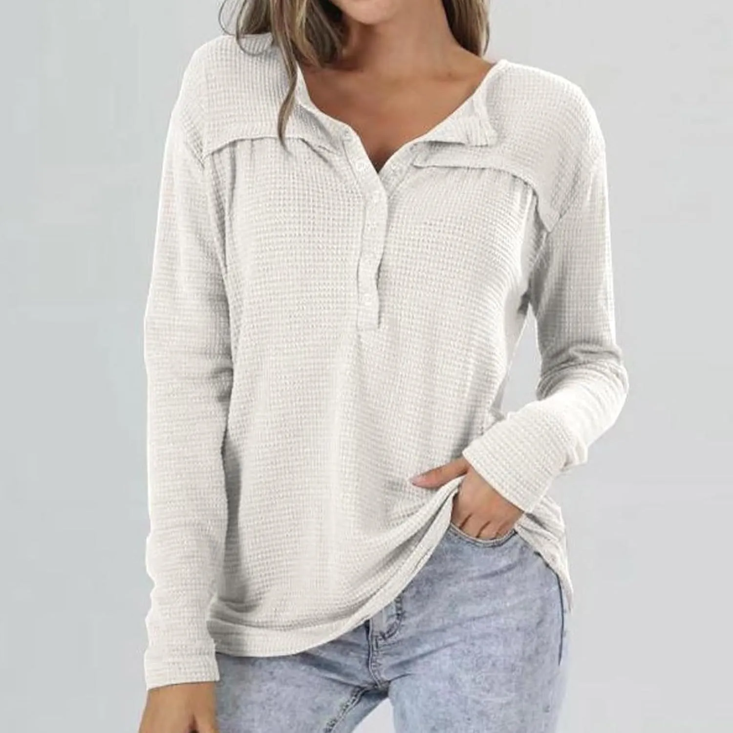 Waffle Knit Half Button Diwn Shirts Women Tunic Blouses Pullover Solid Sweaters Casual Long Sleeve Tees Dressy