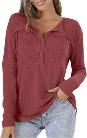 Waffle Knit Half Button Diwn Shirts Women Tunic Blouses Pullover Solid Sweaters Casual Long Sleeve Tees Dressy
