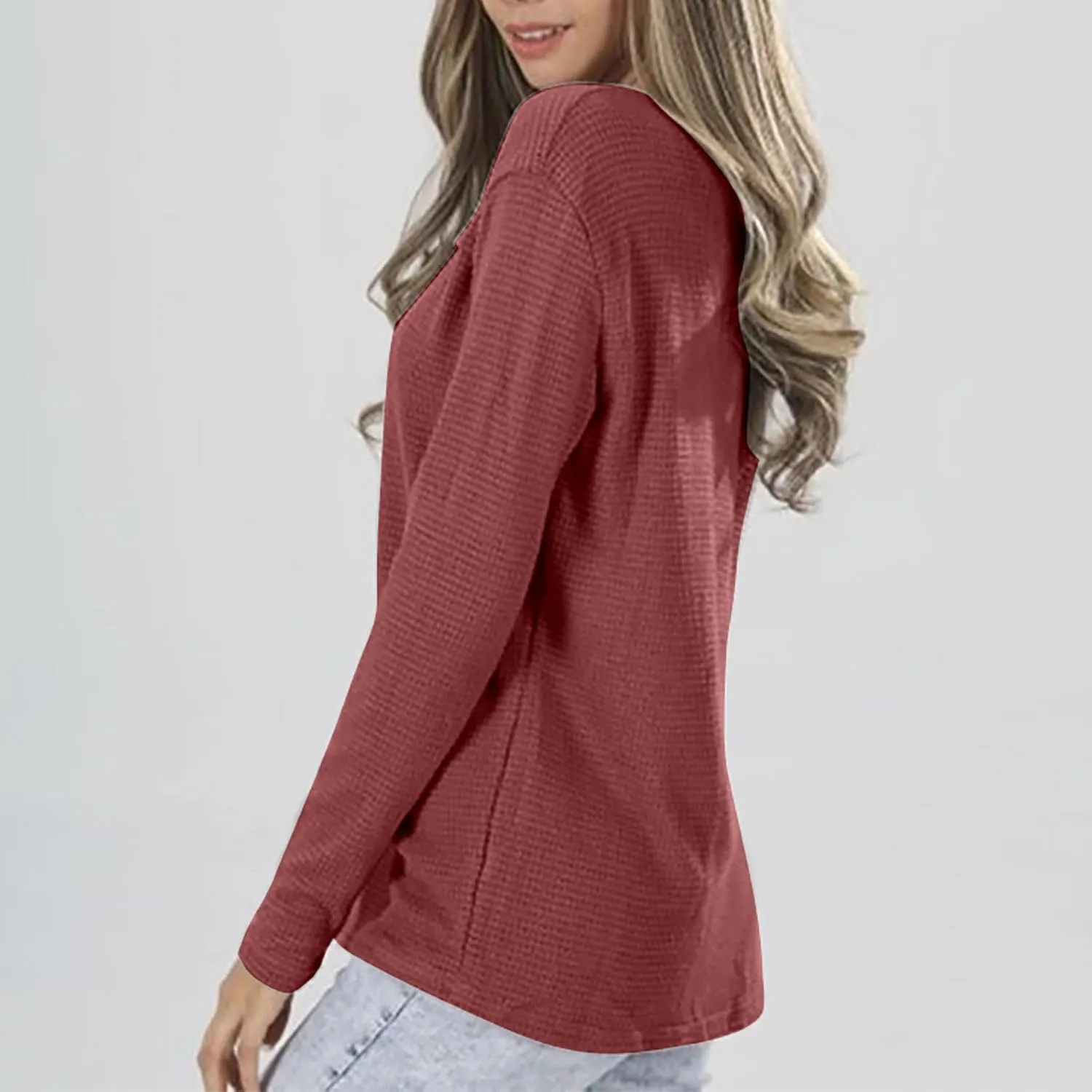 Waffle Knit Half Button Diwn Shirts Women Tunic Blouses Pullover Solid Sweaters Casual Long Sleeve Tees Dressy